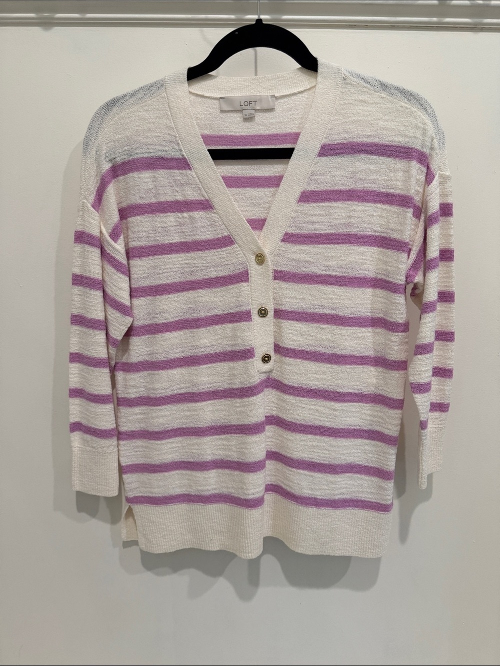 LOFT Cream & Lavender Striped V-Neck Button Pullover